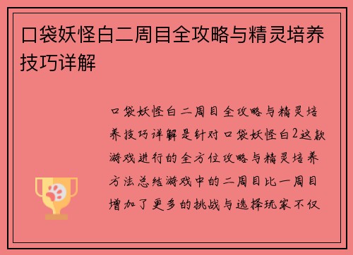 口袋妖怪白二周目全攻略与精灵培养技巧详解